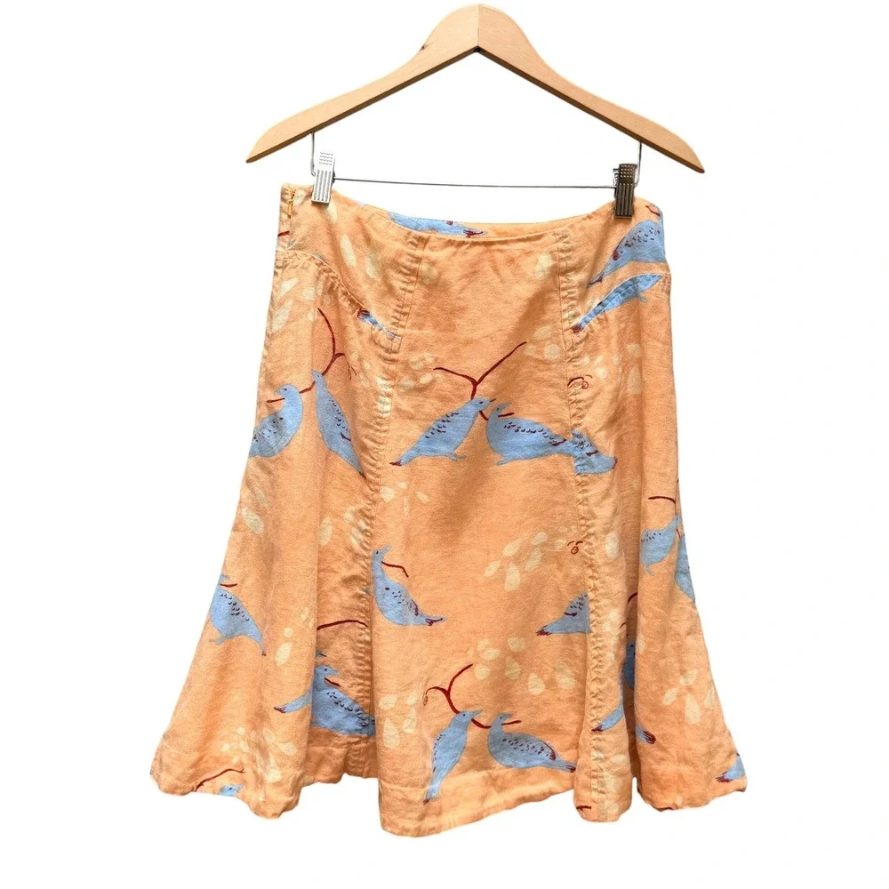 Meadow Rue Skirt Womens 6 Orange Bird Print Linen A-Line Midi Anthropologie Boho